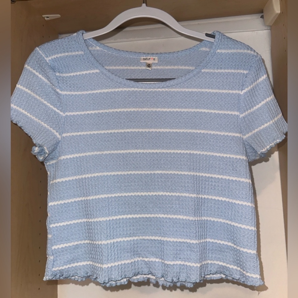 SelfE Women's Light Blue and White Textured Crop Top